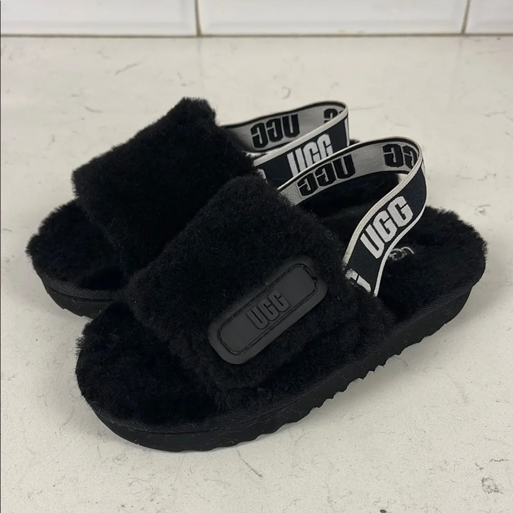 UGG Disco Slide Kids Black Fluffy Sandals - Slippers Size 13
